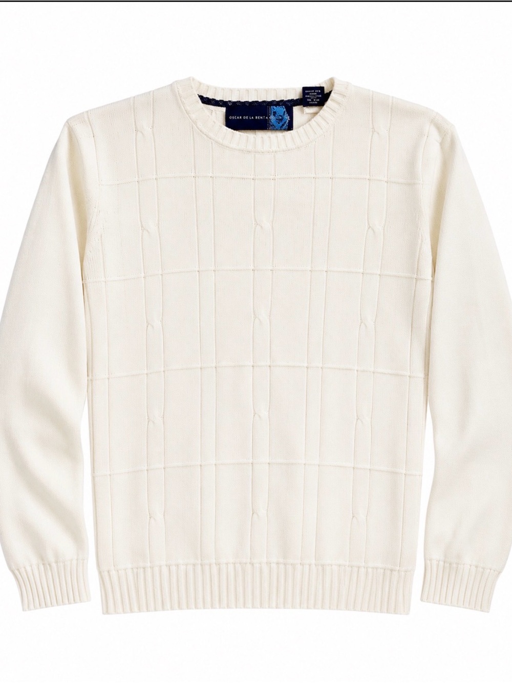 Oscar de la Renta Men’s Ivory Cable Grid Crewneck Sweater Luxury Knit M
